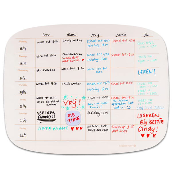 Sticky whiteboard familieplanner organisch met sticky tabs, beschreven met whiteboard pen.