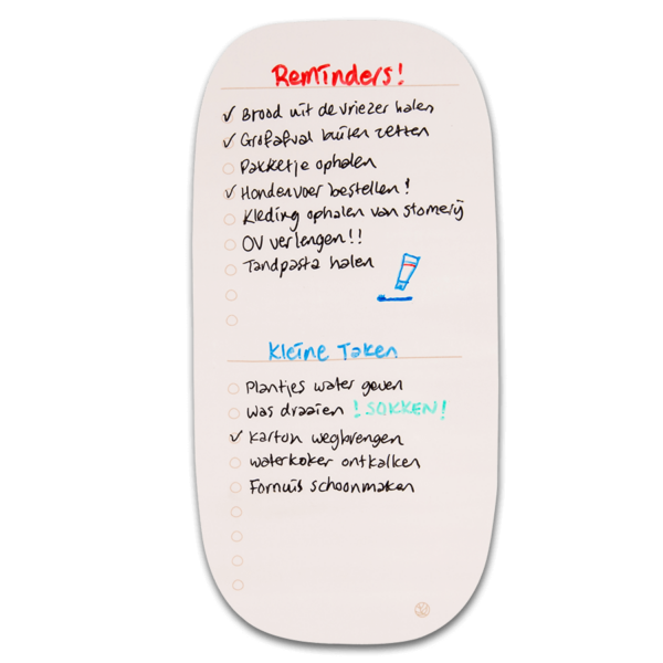 Sticky Whiteboard organische to do overview, beschreven met whiteboard pen.