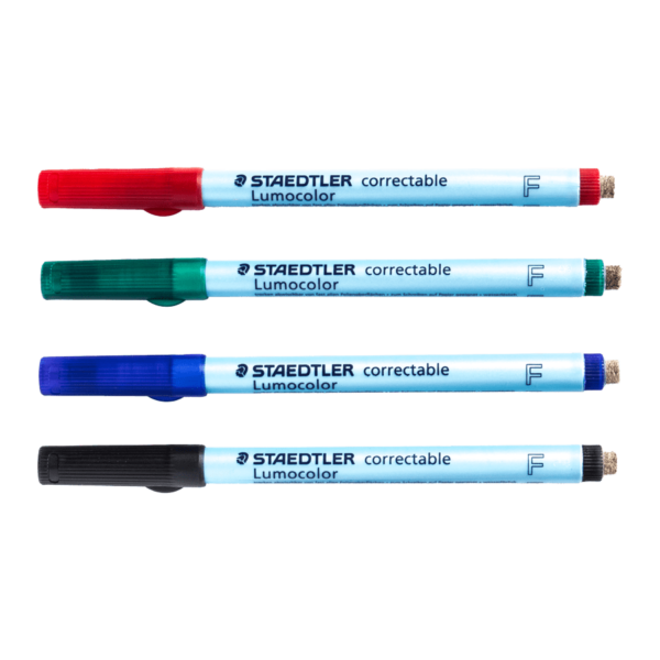 4 uitwisbare pennen set van Staedtler Lumocolor non permanent 305 F, rood, groen, blauw en zwart.