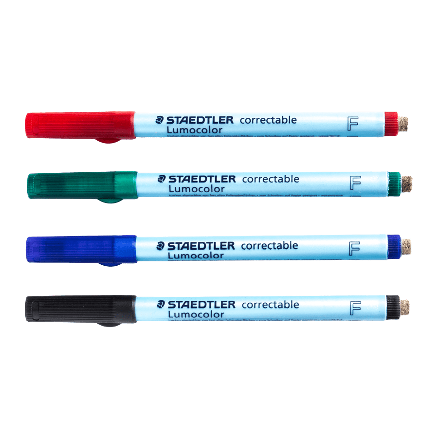 4 uitwisbare pennen set van Staedtler Lumocolor non permanent 305 F, rood, groen, blauw en zwart.